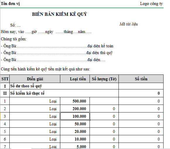 Biên bản kiểm kê quỹ